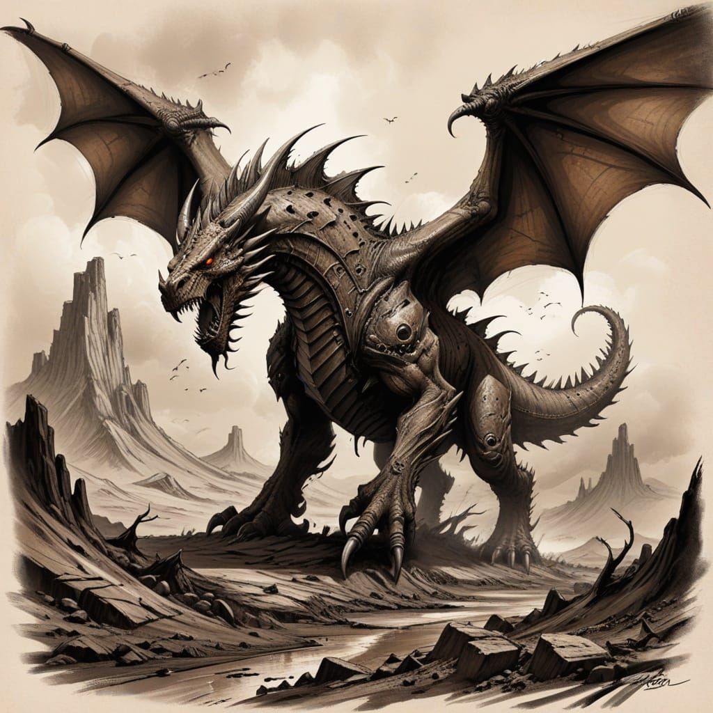 Fantasy Wasteland Scene in Brutal Brown Pencil Sketch Style