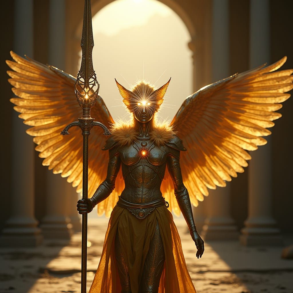 Golden Armored Angel with Energy Sword at Heaven's Gate