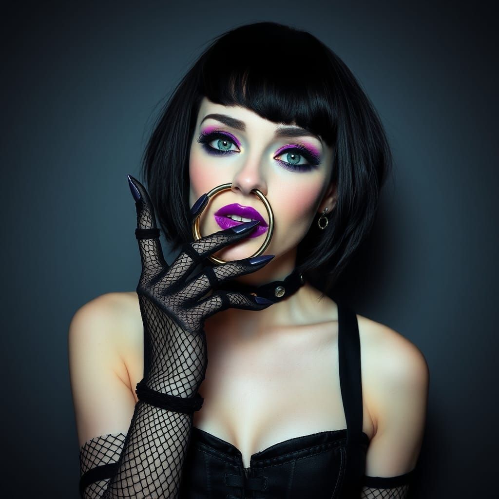 Edgy Woman with Bold Piercings and Black Nails