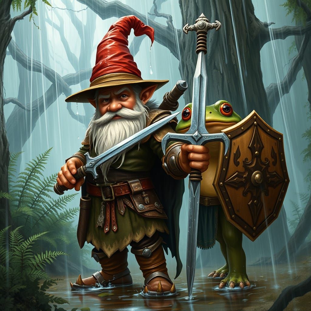 Gnome and Frog Warrior in Mystical Forest