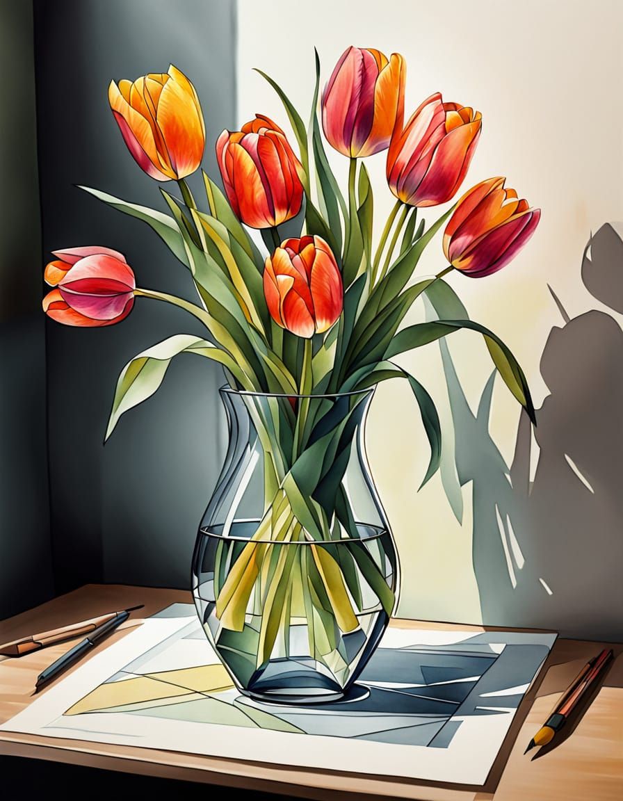 Vibrant Cubist Tulips in a Glass Vase