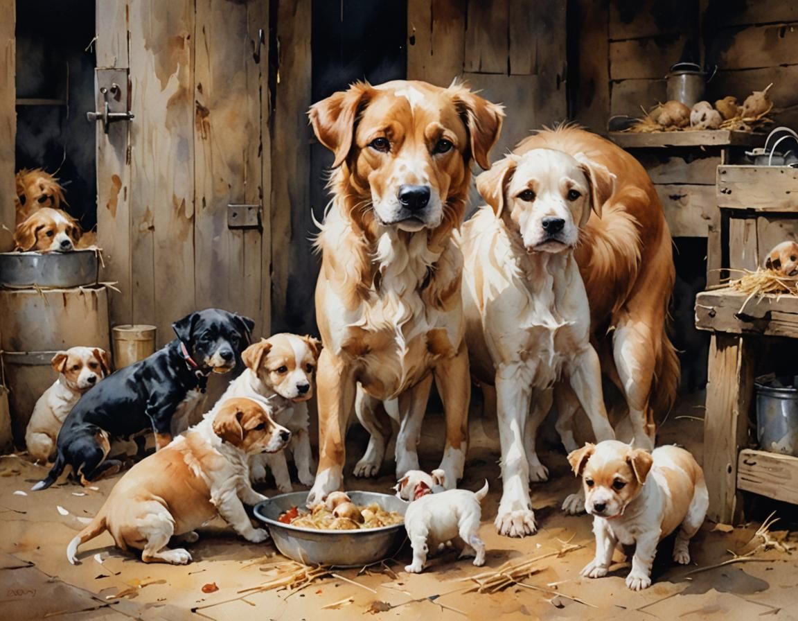Dog Nursing Puppies: Watercolor Barn Scene