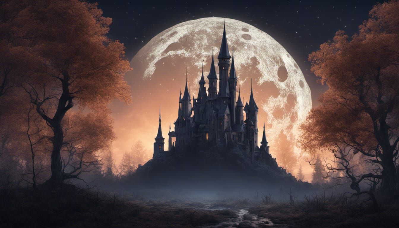 Eerie Forest and Castle Under Starry Sky