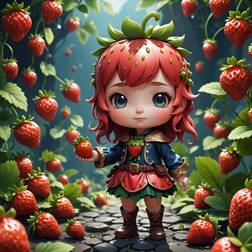 Adorable Chibi Strawberry Character in Detailed Matte Painti...