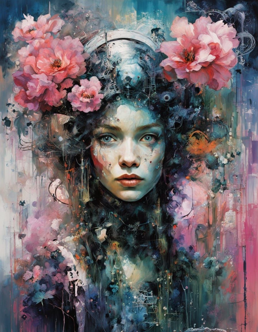 Cybernetic Woman Portrait with Glitch Art and Circuitry