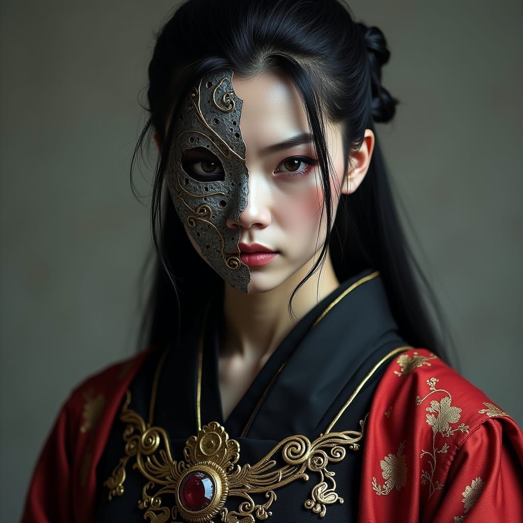 Cyberpunk Warrior Maiden with Scars and Silver Mask