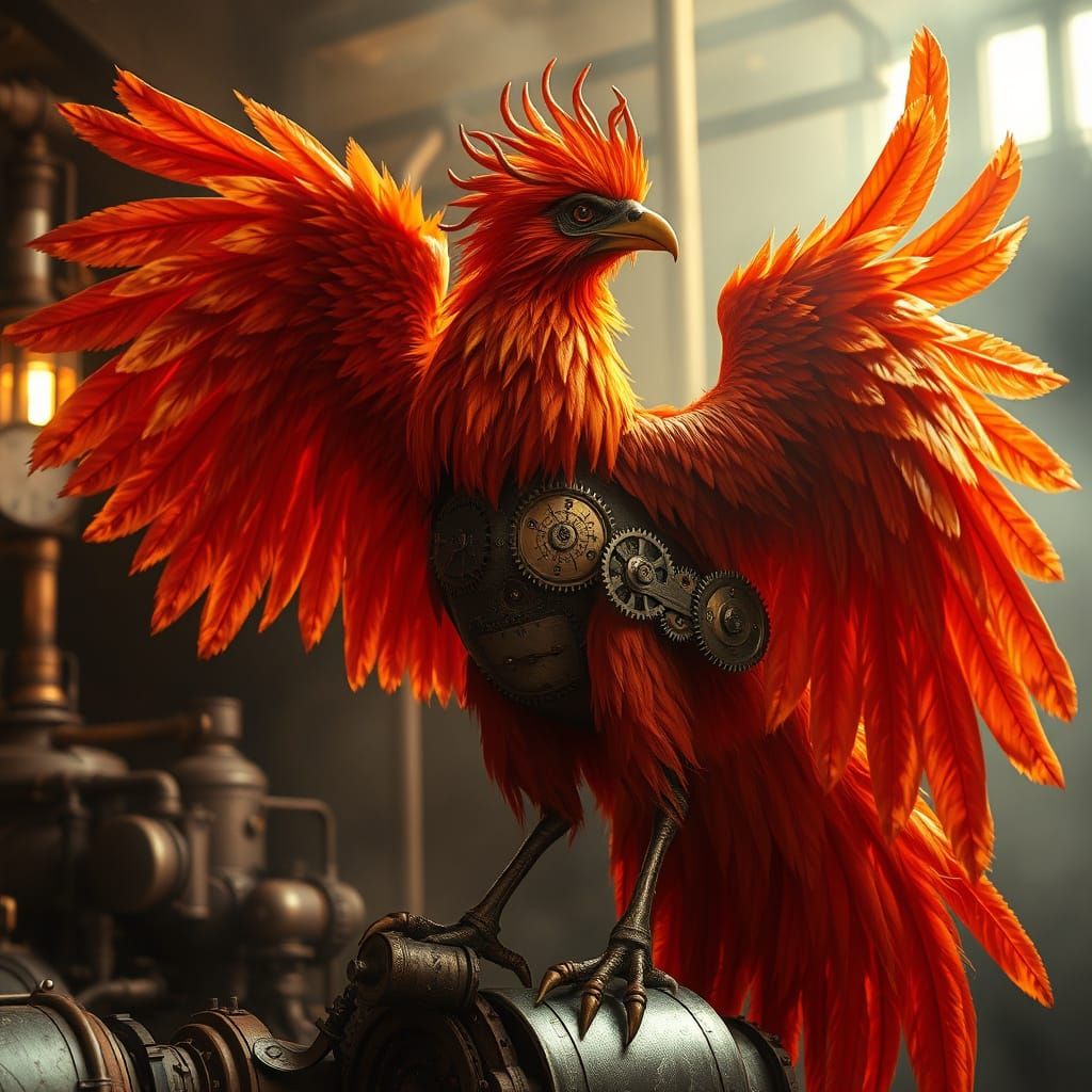 Majestic Steampunk Phoenix Soars Amidst Industrial Ruins