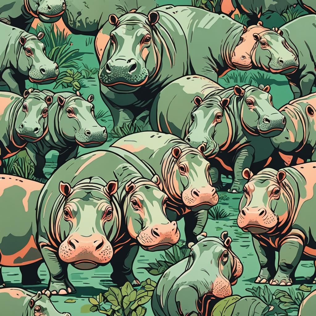Hippos in Pop Art Style with Peach Colors