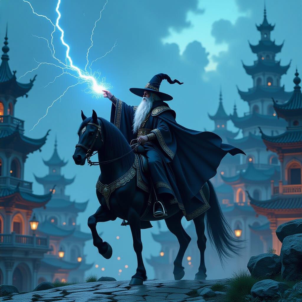 Wizard on Horseback Casting Lightning in Baroque Town