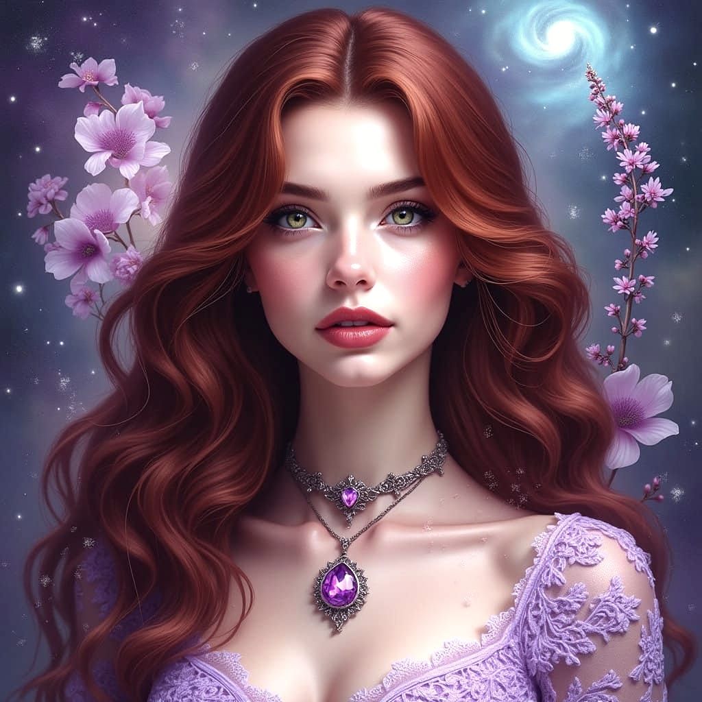 Ethereal Fantasy Portrait of a Woman in Cosmic Floral Backgr...