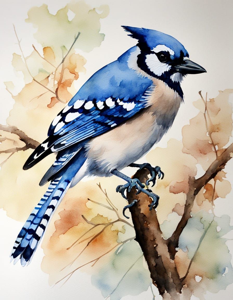 Surreal Watercolor Blue Jay Perched in Branch