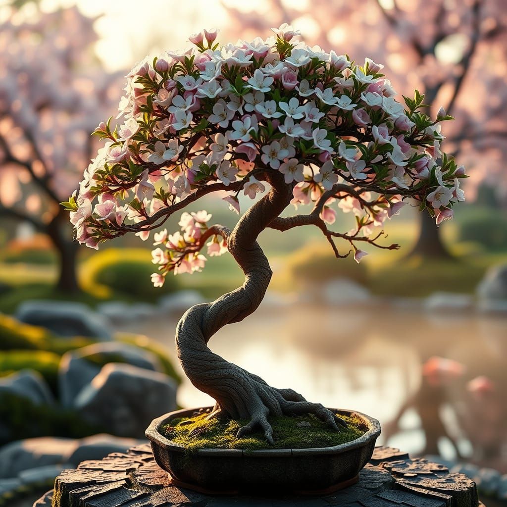 Flowering Bonsai Tree in Japanese Garden, Ghibli Style