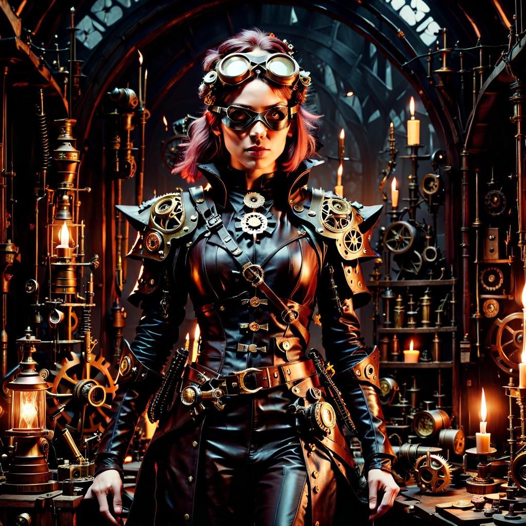 Gothic Steampunk Half-Elf Witch Hunter in Workshop