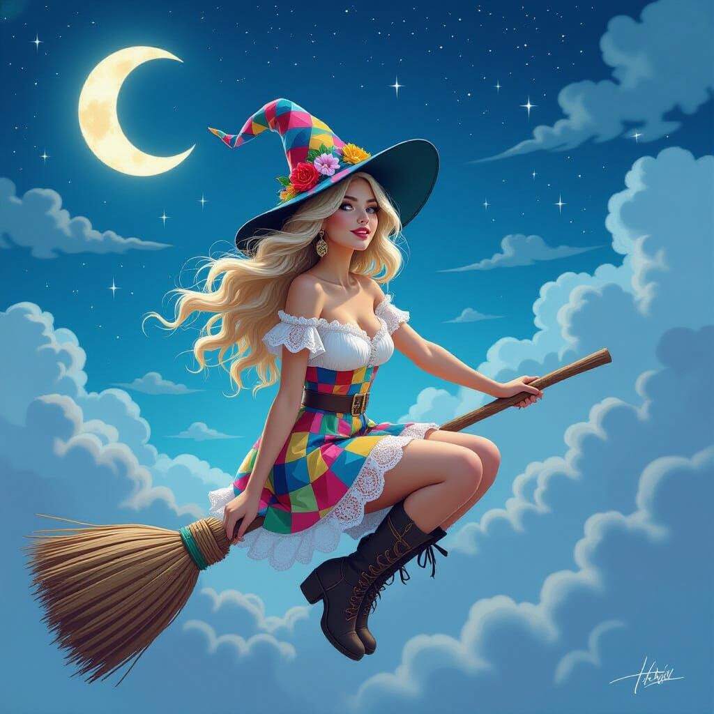 Boho Witch Riding Broom at Night Sky