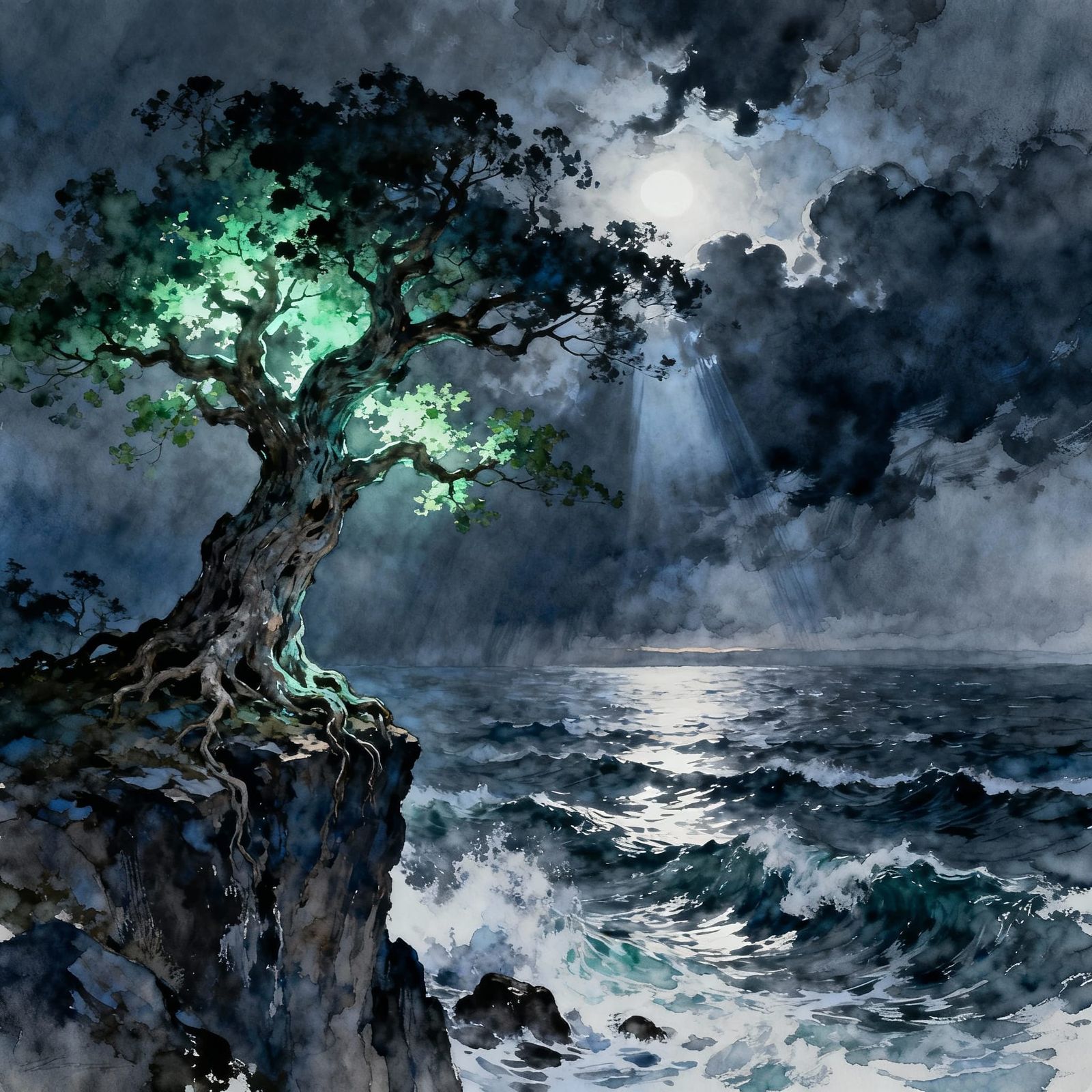 Ancient Tree on Cliff Overlooking Stormy Sea in Watercolor