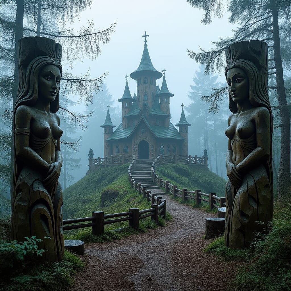 Whimsical Wood Carvings in Misty Forest