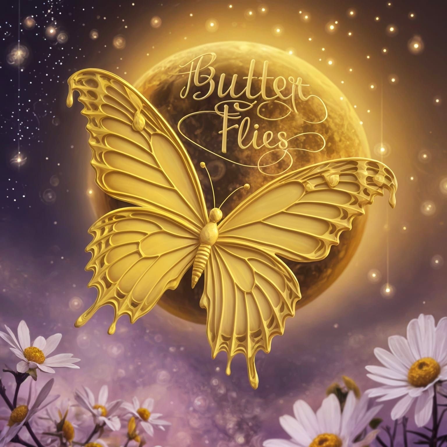 Golden Butterflies in a Dreamy Starry Night Scene