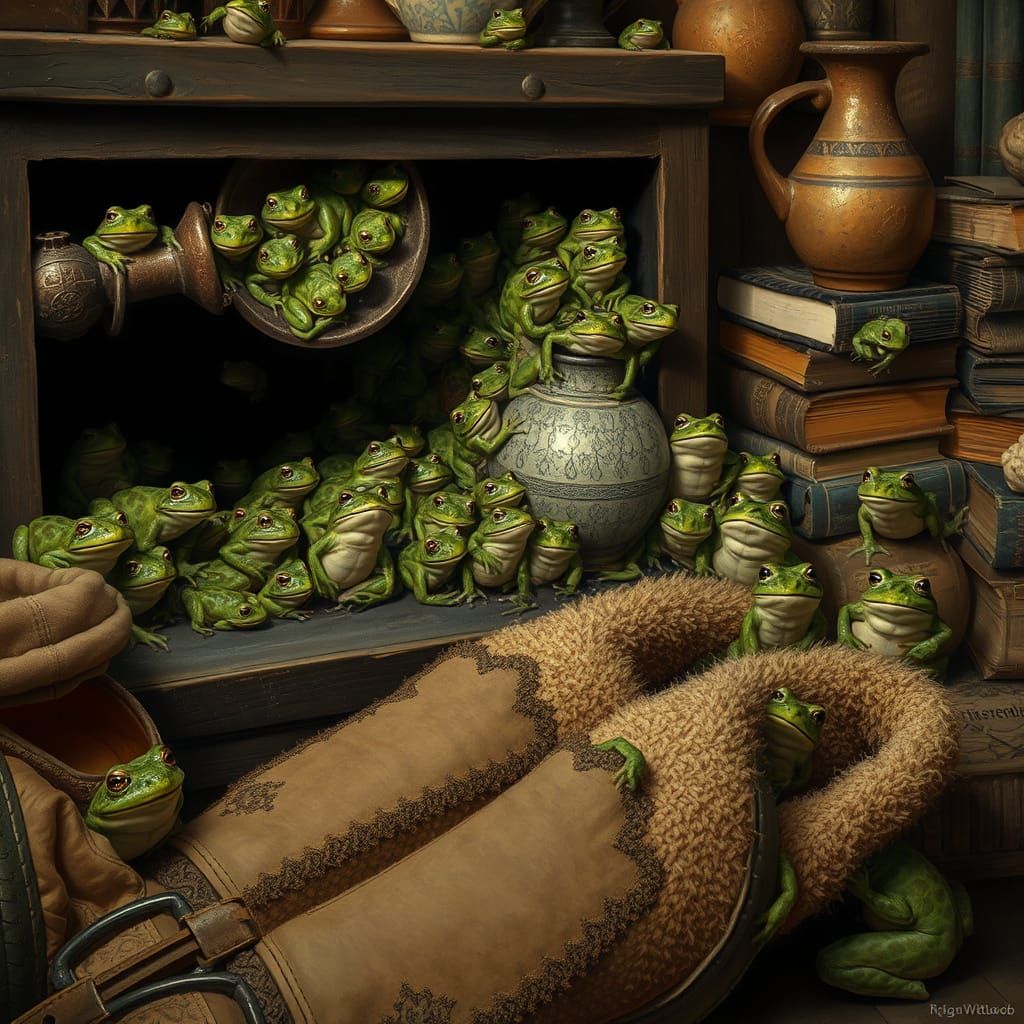 Rustic Home Invaded by Frogs in Realistic Detail