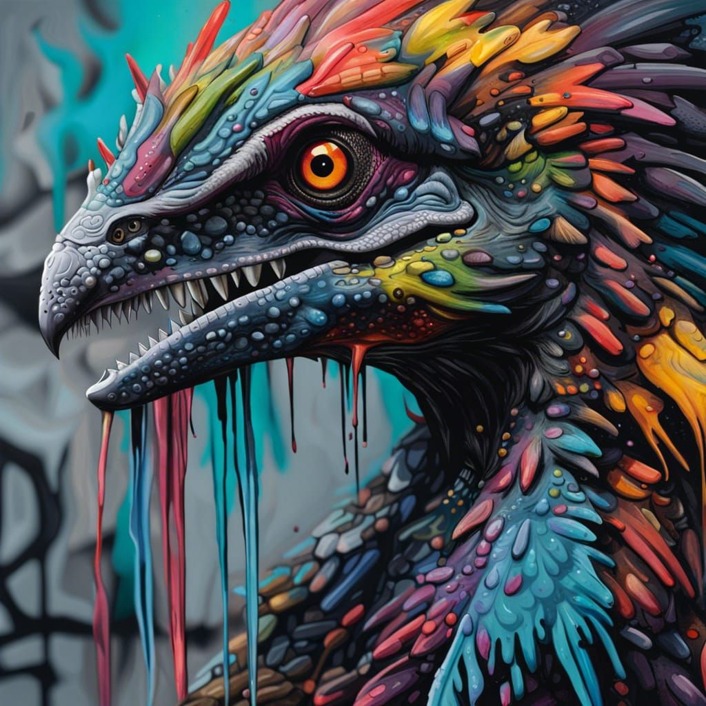 Microraptor Dinosaur in Hyper Realistic Graffiti Art