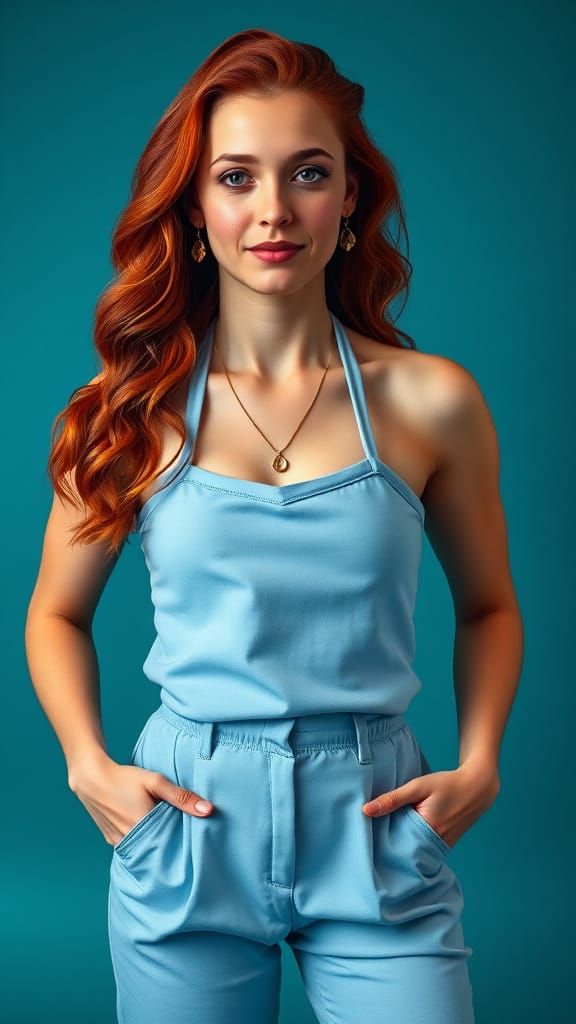 Elegant Redhead Portrait in Teal Studio