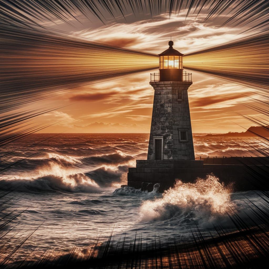 Lighthouse Amidst Stormy Sea Charcoal Sketch