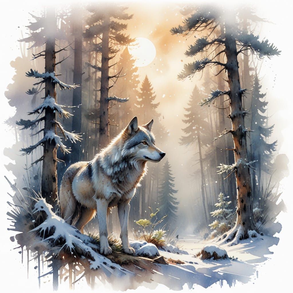 Timber Wolf in Winter Moonlit Forest: Watercolour Art