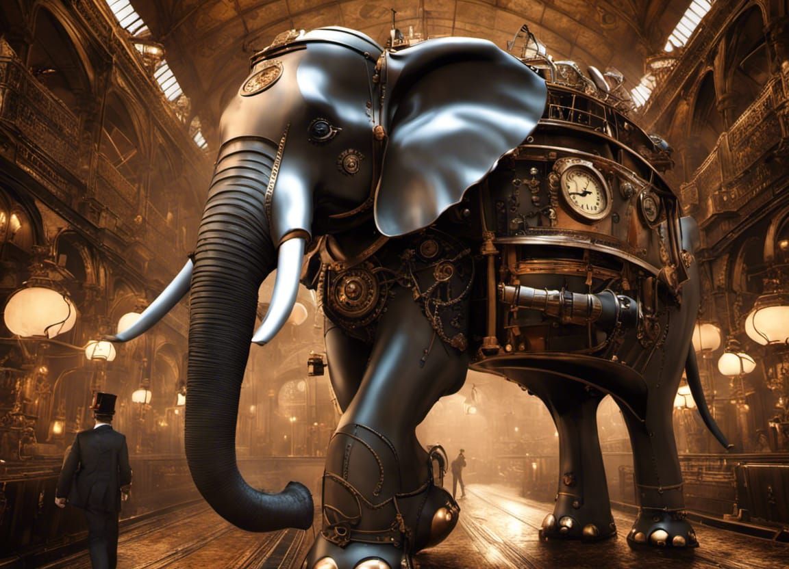 Steampunk Elephant Automaton in Detailed Cityscape