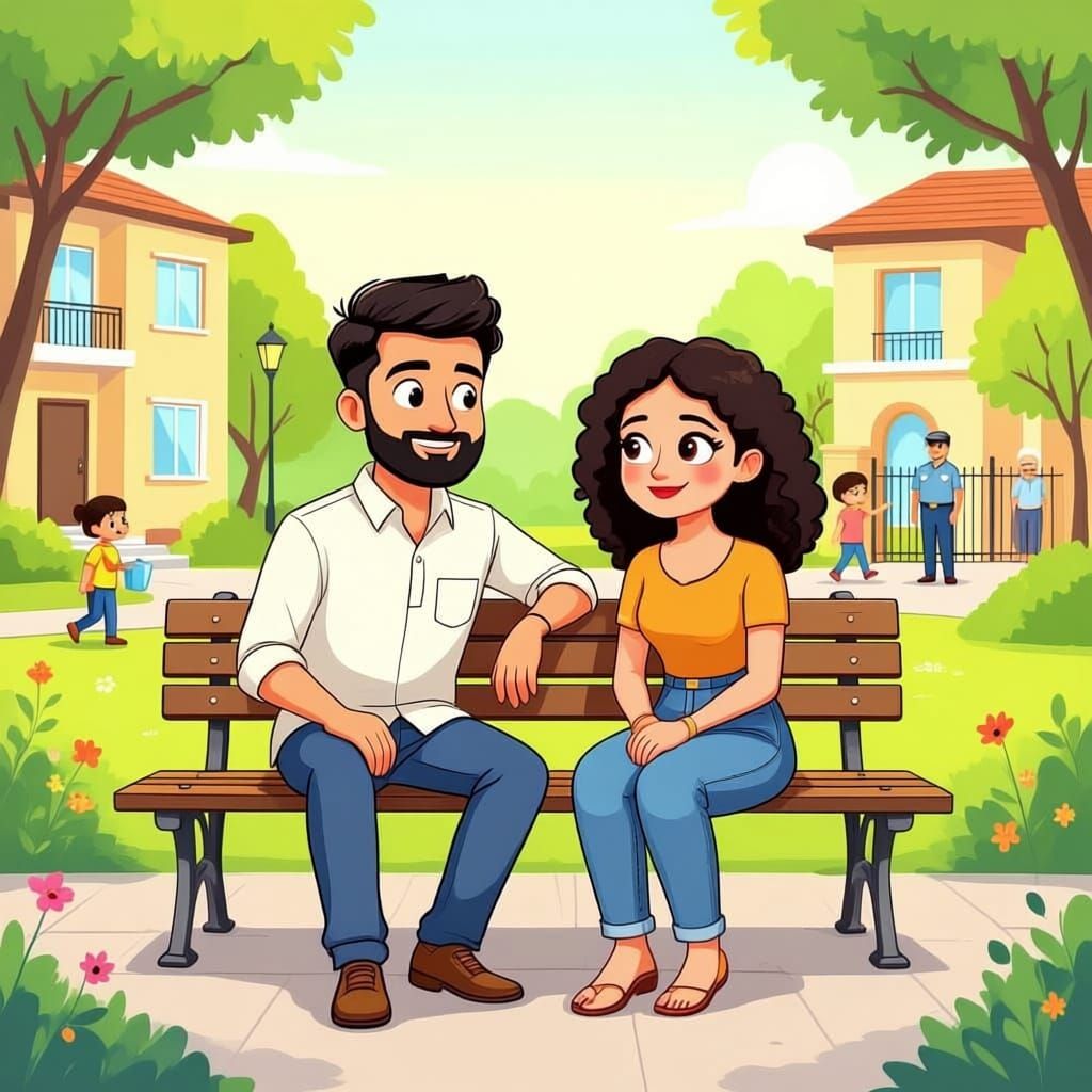 Indian Couple Relaxing in Hyderabad Apartment Community Cart...