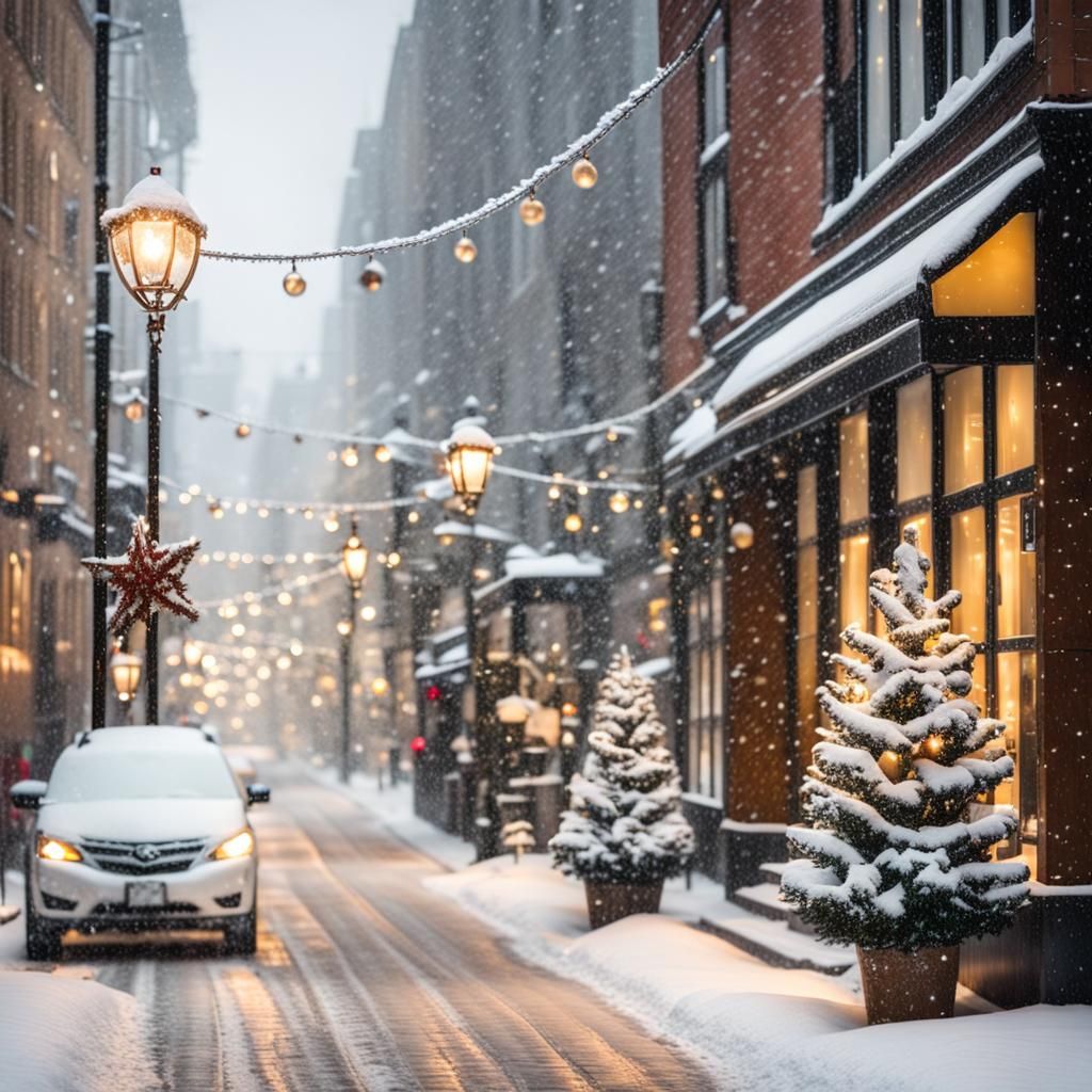 Snowy City Street Aglow with Christmas Lights