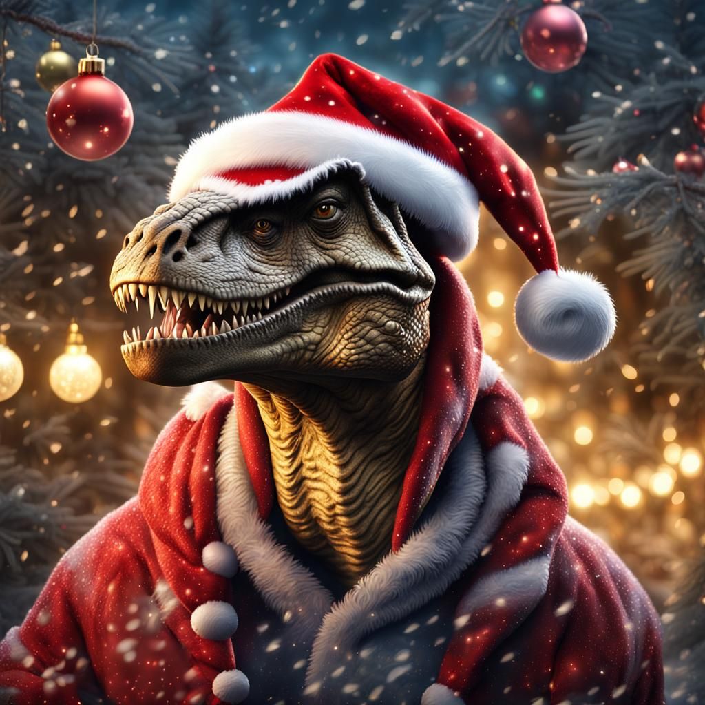 T-Rex Santa Portrait in Forest with Christmas Lights