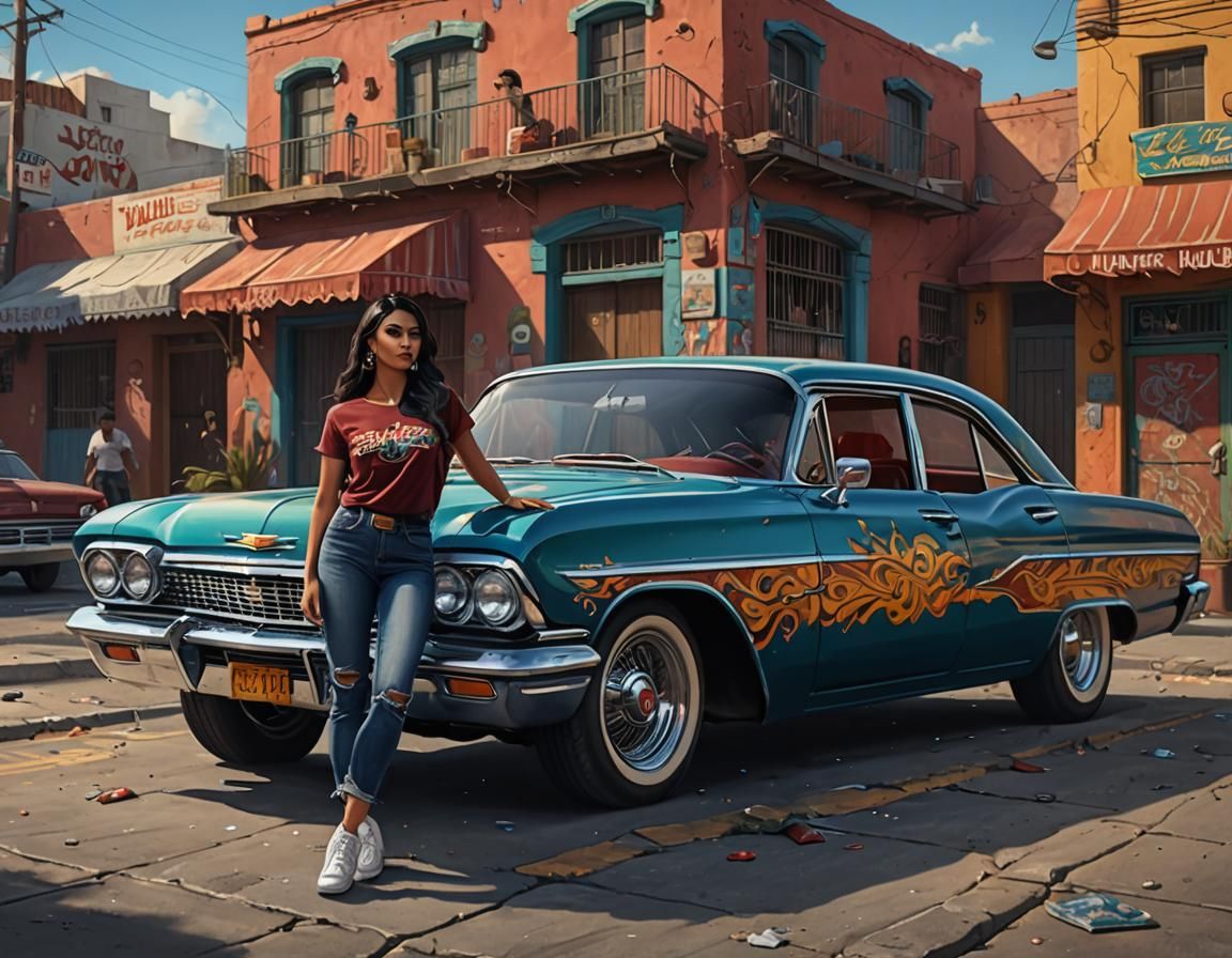 A pretty Latina near a Low rider Chevrolet Impala, painted in the style of East Los Angeles Latino paintings