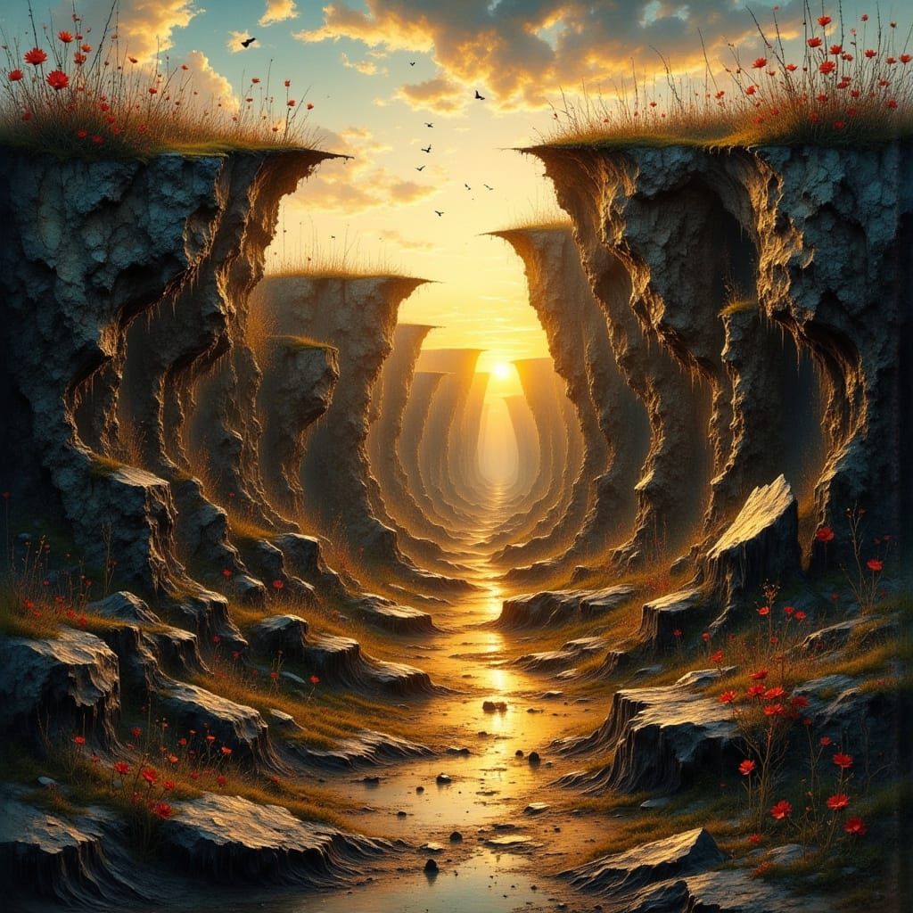 Dry Earth Splits Open with Golden Light and New Growth