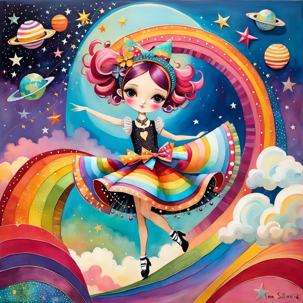 Girl Twirling on Rainbow in Surreal Collage
