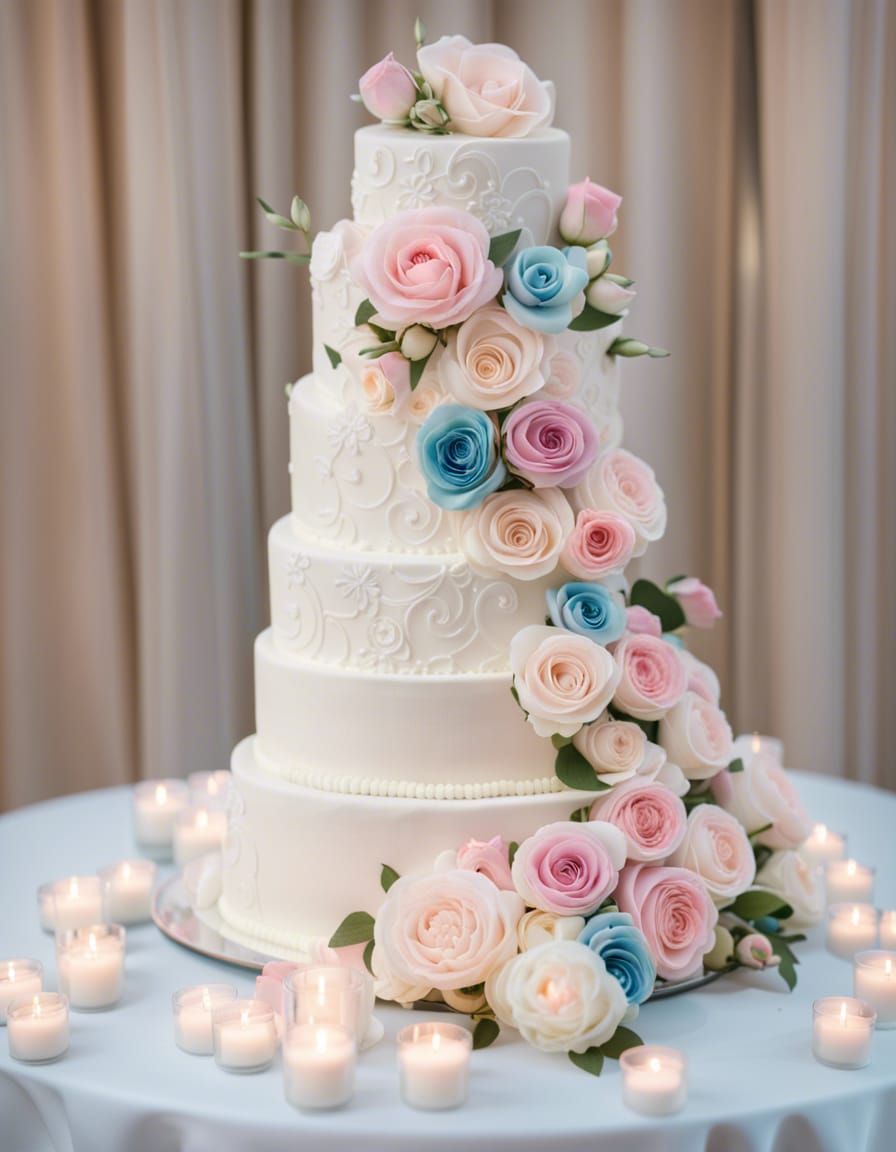 Elegant Wedding Cake with Roses and Glimmering Candles