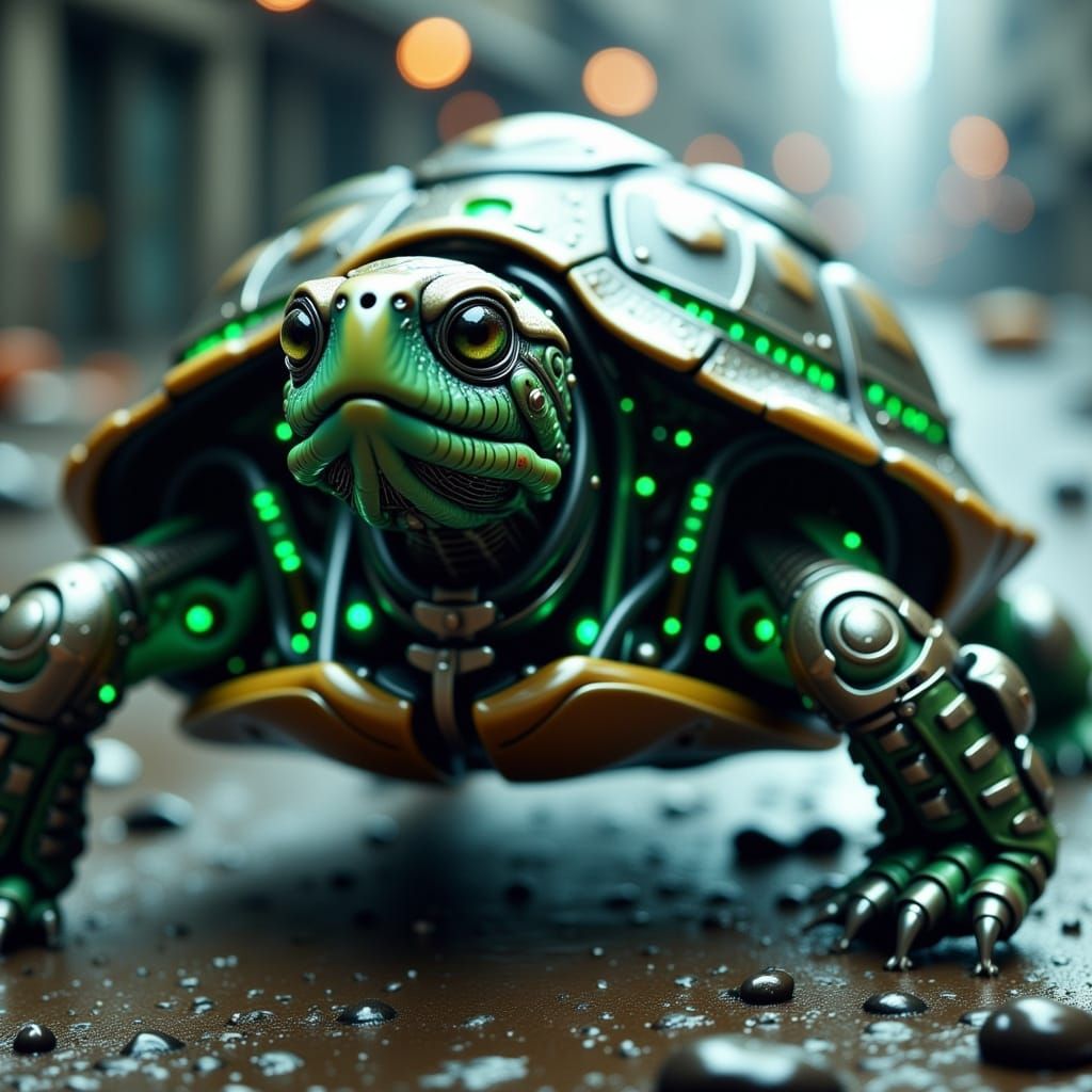 Robotic Cyborg Turtle with Glowing Cybernetic Enhancements