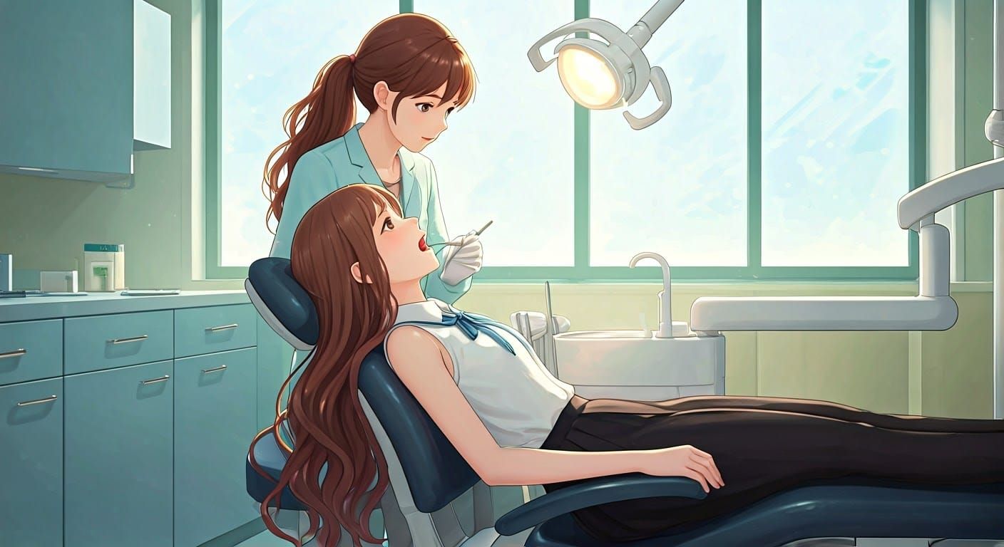 Anime-Inspired Dental Clinic Scene with a Young Woman