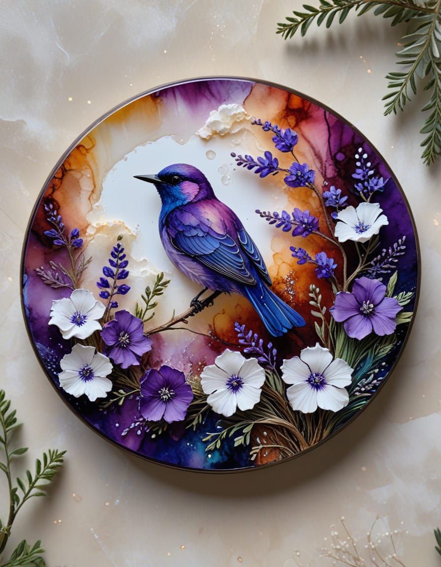Alcohol Ink Art: Clouds, Larkspur, and Purple Bird