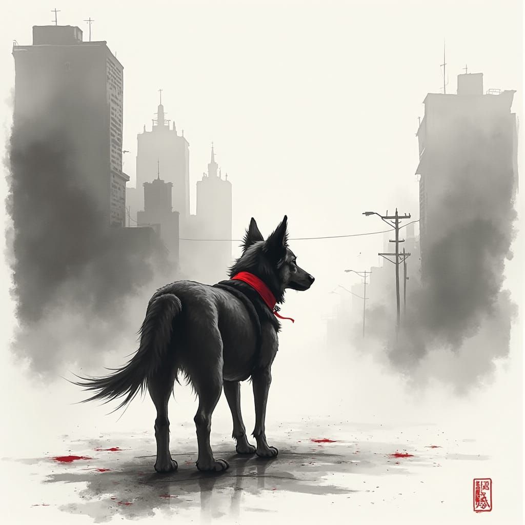 Melancholy Dog in Grayscale Cityscape with Red Accent