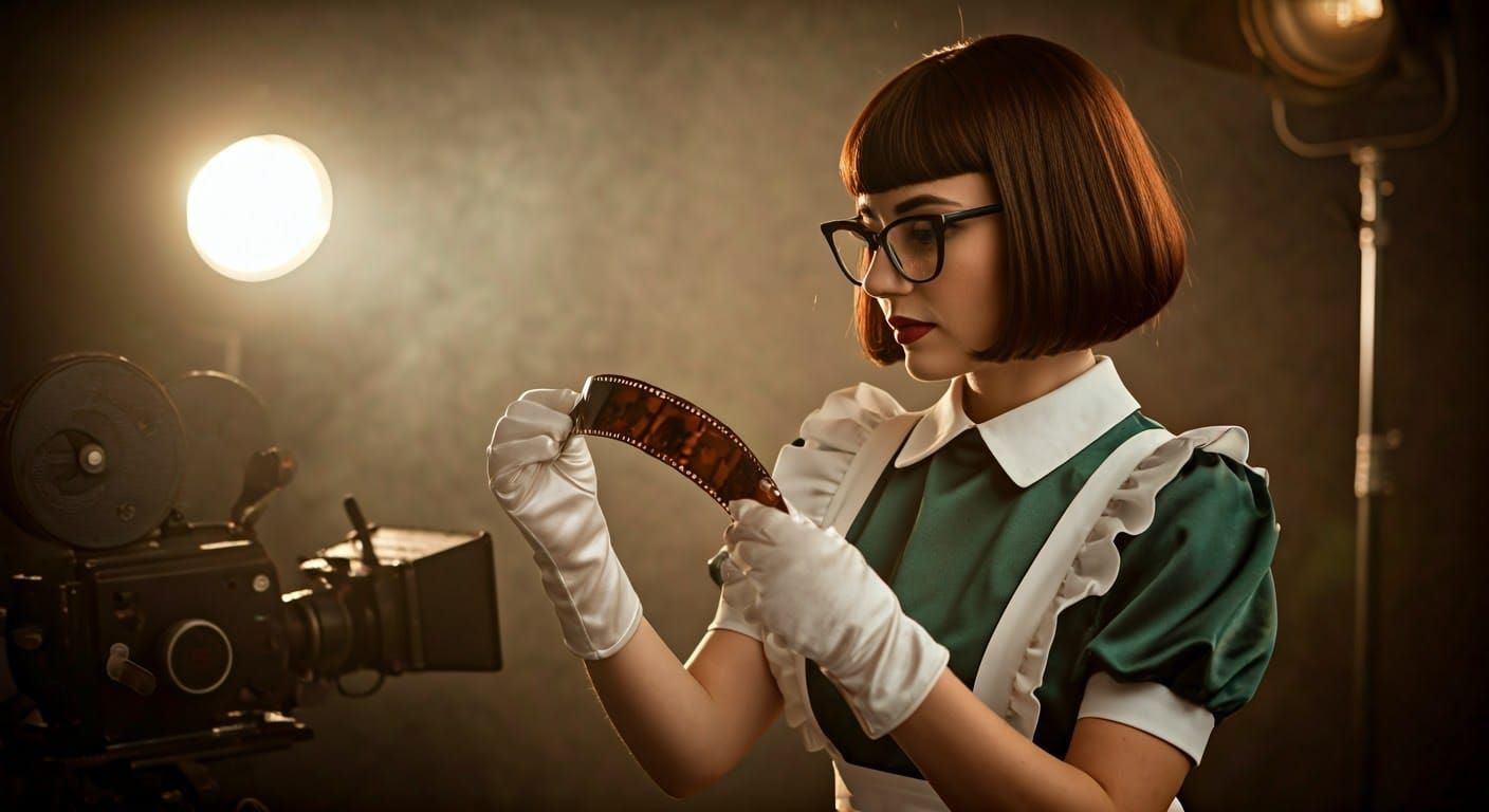Woman Inspecting 35mm Film Strip in Retro Studio