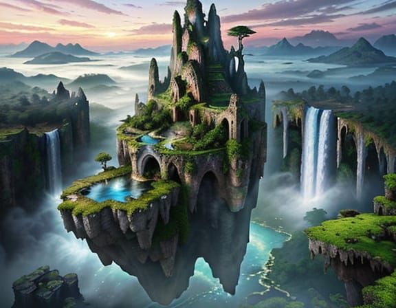 Fantasy World: Floating Islands in Airbrushed Landscape