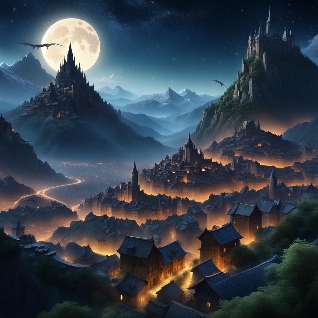 Night city in the mountains