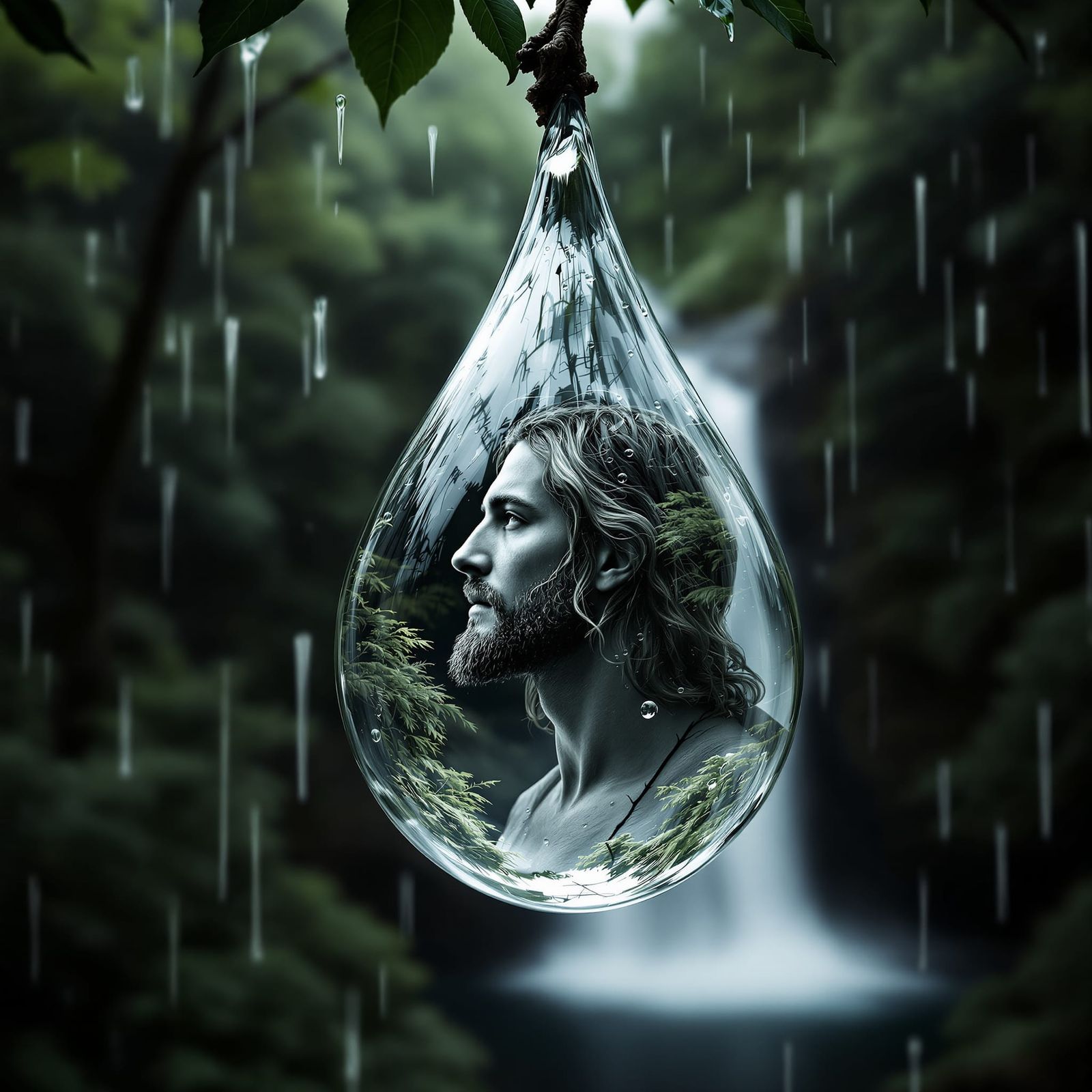 Surreal Double Exposure: Jesus Profile in Raindrop