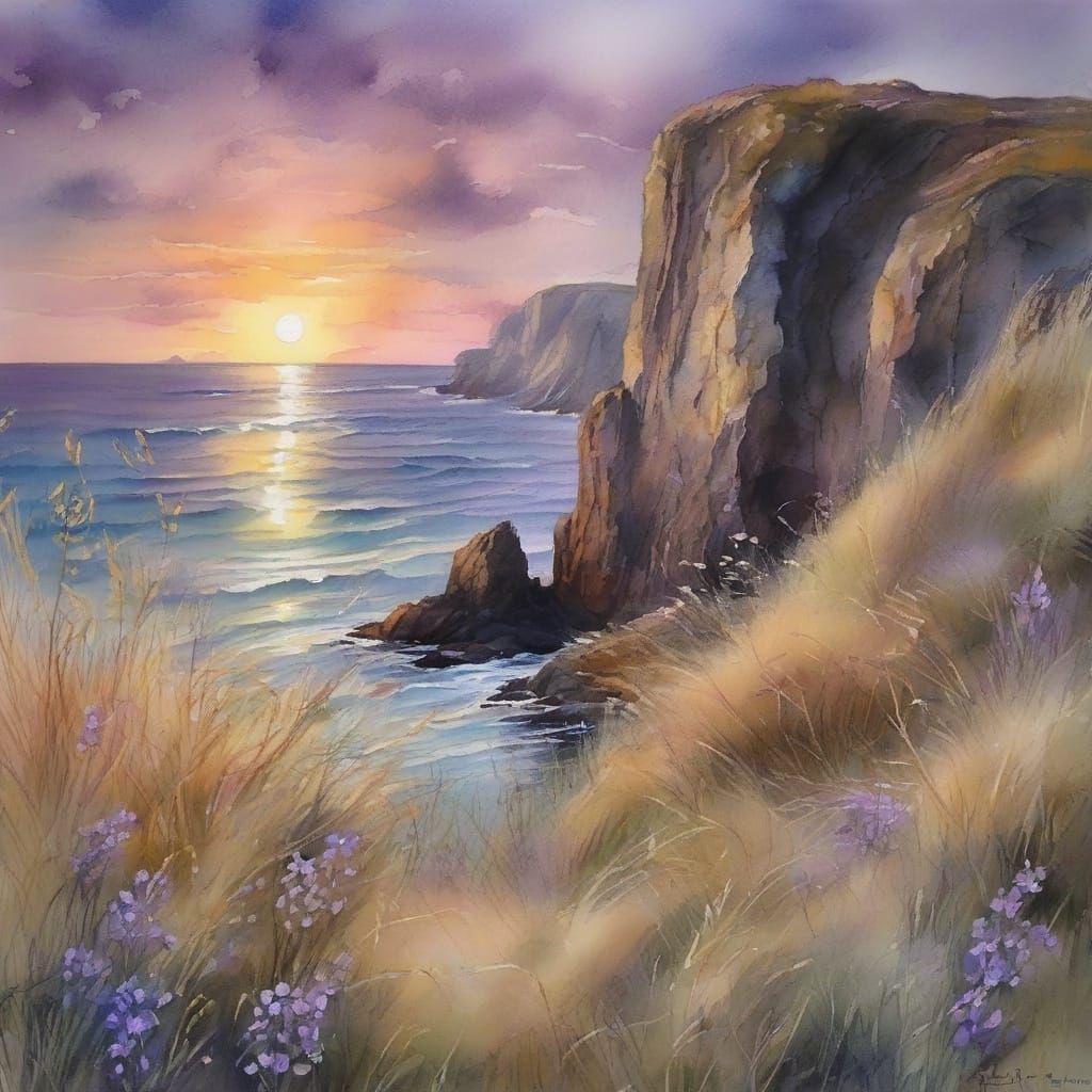 Dramatic Ocean Cliff at Twilight: Watercolor and Ink