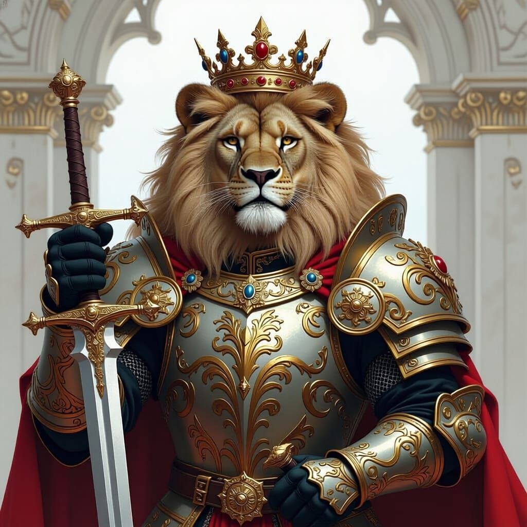 Regal Lion Knight in Ornate Gilded Armor with Sword