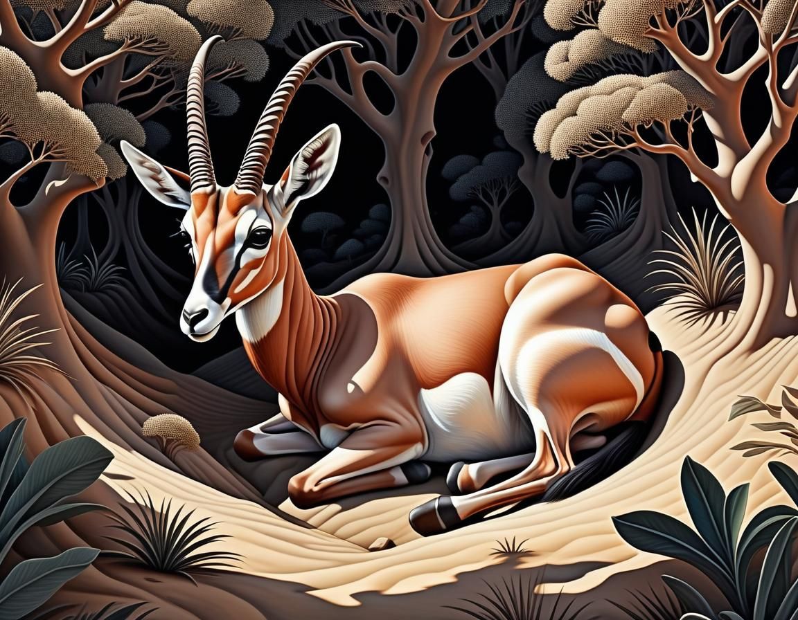 Surreal Antelope in Escher-esque Savannah Landscape