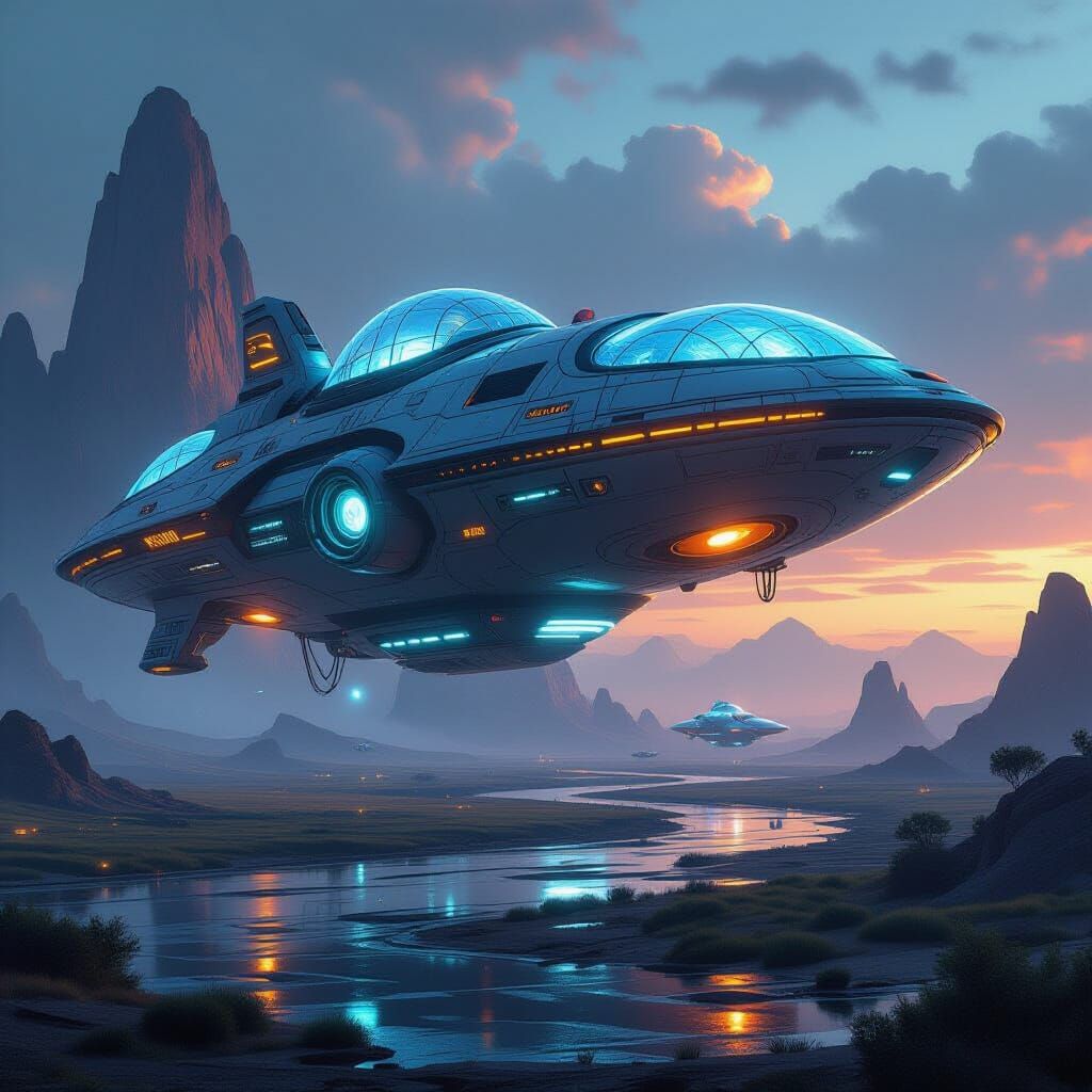 Crashed Alien Spaceship in Dystopian Dieselpunk Landscape