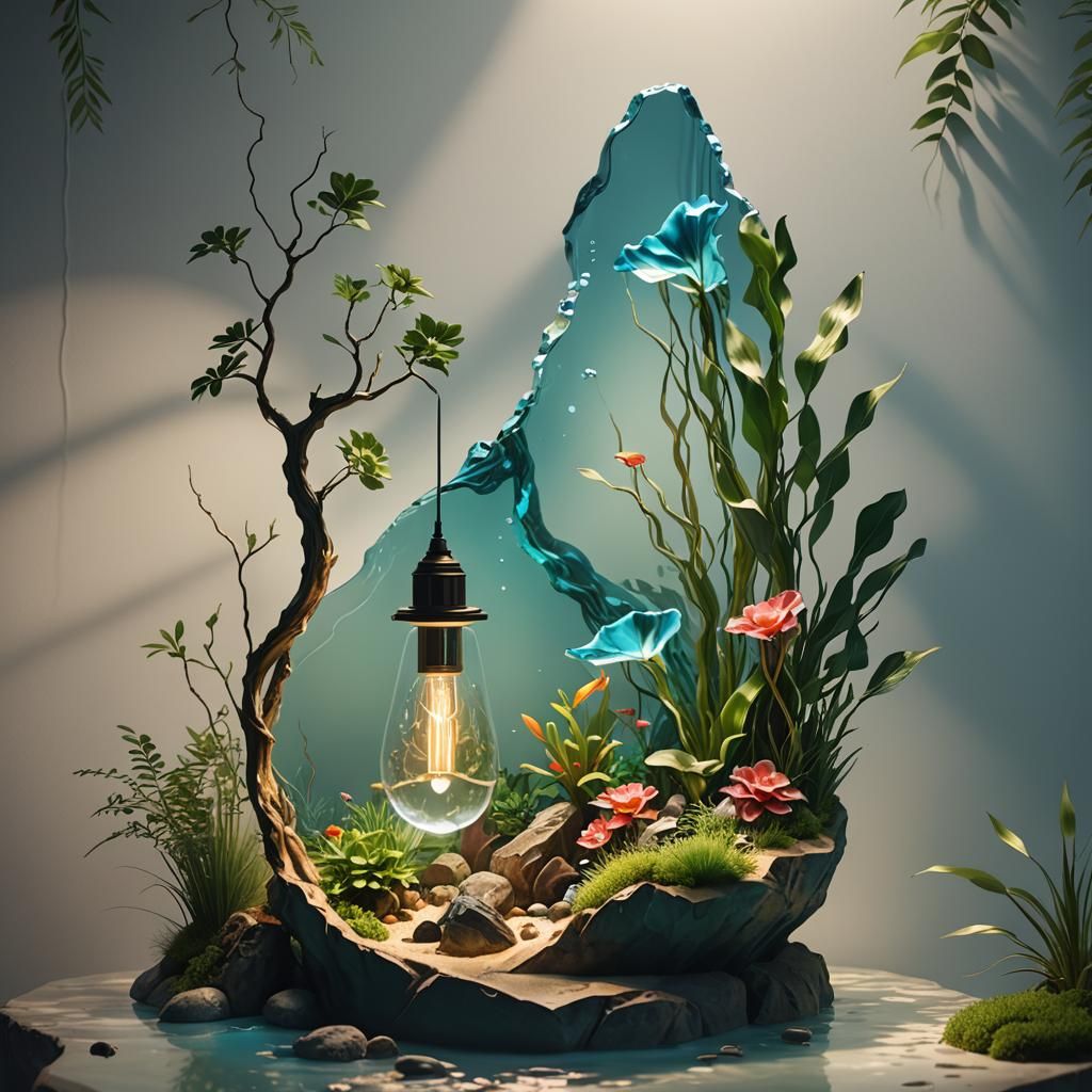Aquascape Lamp Design with Glass and Silk Textures