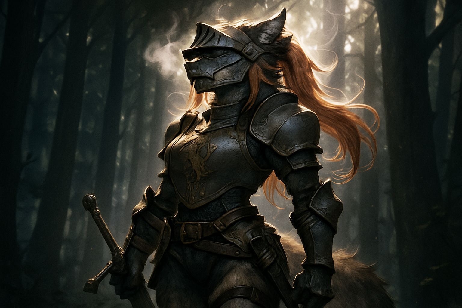 Fantasy Anime Wolf Knight in Dark Forest