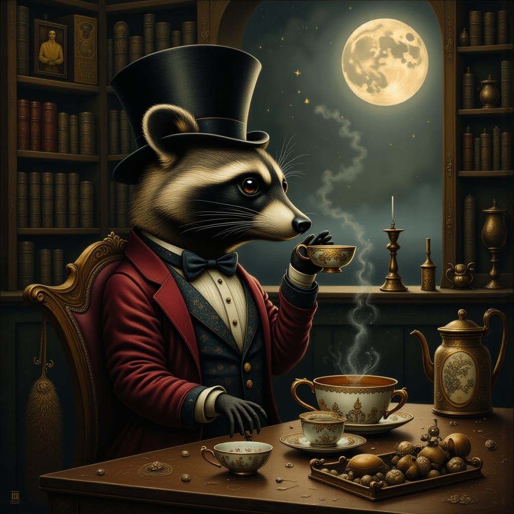 Elegant Raccoon Sipping Tea in Opulent Library