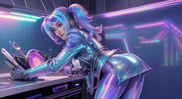 Cyberpunk Space Girl on Dragon in Chrome Style